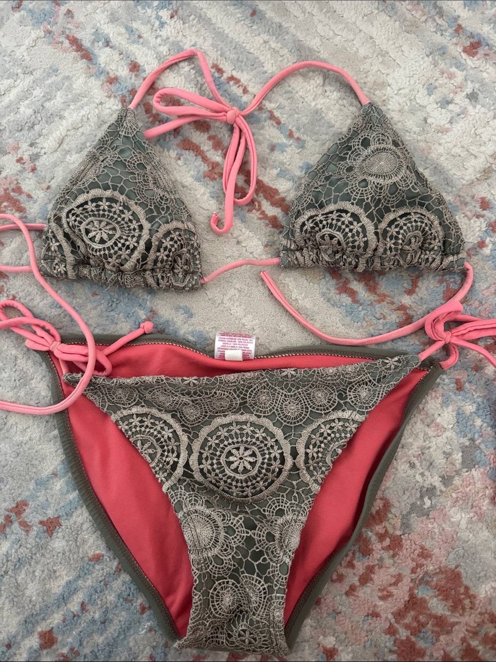 Xhilaration Olive Crochet Lace Bikini with Pink Ties